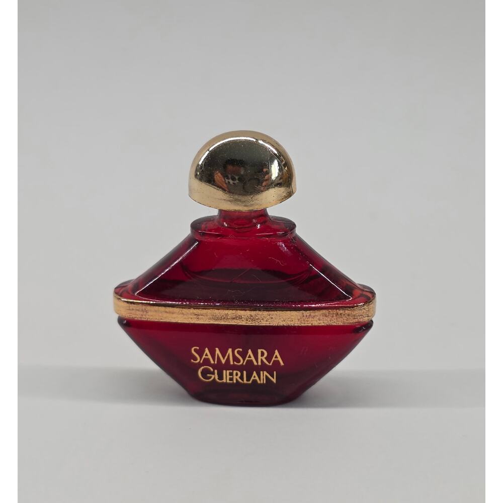 Vintage Guerlain Samsara Mini Perfume Bottle Red Glass Gold Tone 1.5"